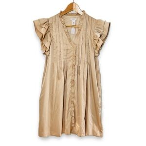 NWT TCEC Champagne Beige Mini Dress Cap Sleeve Ruffle Pintuck Bodice Shirt Dress
